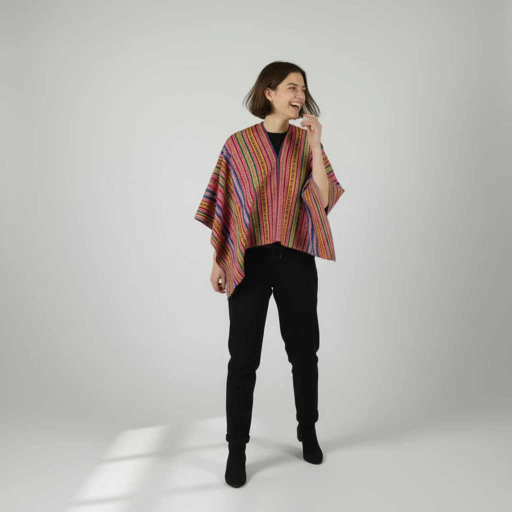 Poncho Regenbogen 100% Alpakawolle aus Peru