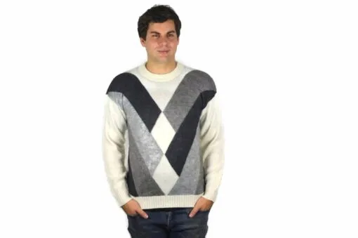 Alpaka Pullover Karo weiß-grau
