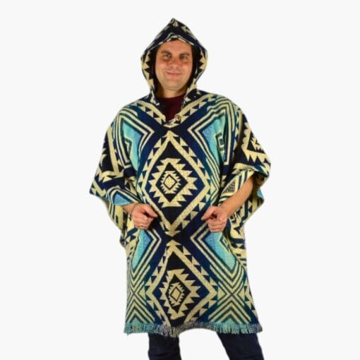 Alpaka Poncho Cuadros Hellblau