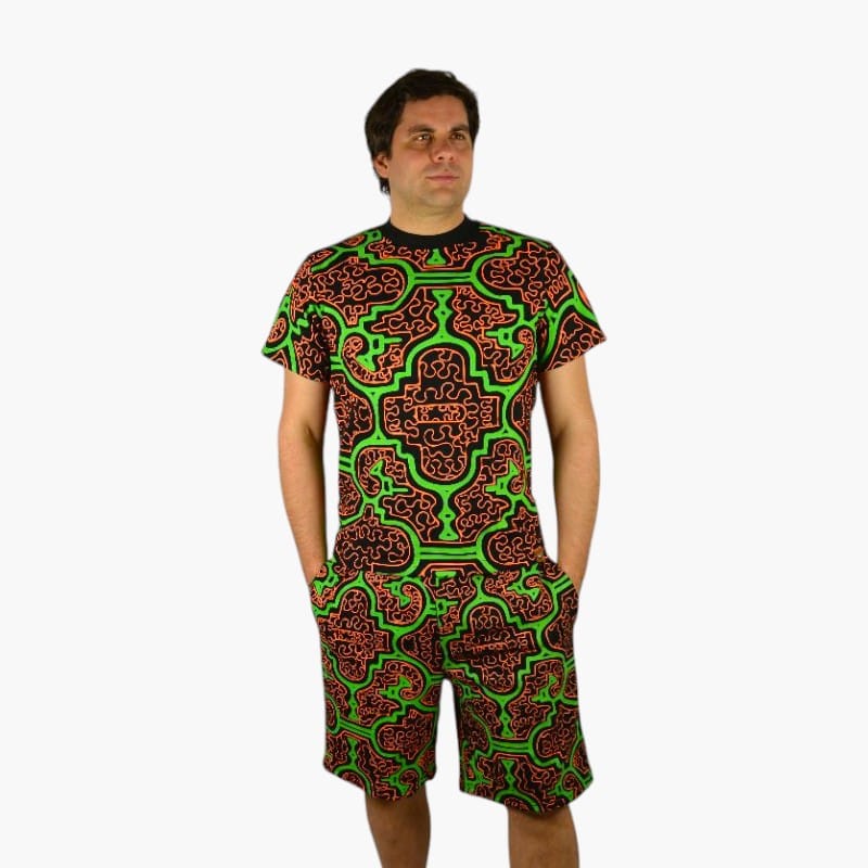 Schwarzlicht Set Tank Top Shorts Shipibo grün-orange Schwarzlicht Set Tank Top Shorts Shipibo grün-orange