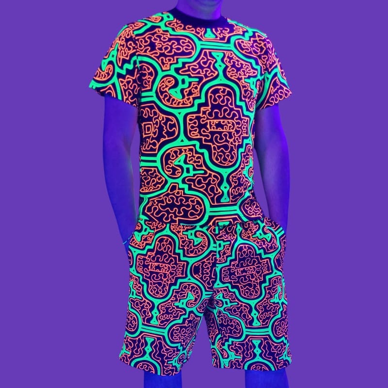 Schwarzlicht Set Tank Top Shorts Shipibo grün-orange Schwarzlicht Set Tank Top Shorts Shipibo grün-orange