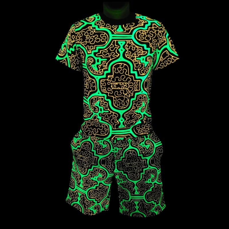 Schwarzlicht Set Tank Top Shorts Shipibo grün-orange Schwarzlicht Set Tank Top Shorts Shipibo grün-orange