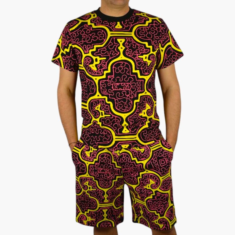 Schwarzlicht Set Tank Top Shorts Shipibo gelb-pink Schwarzlicht Set Tank Top Shorts Shipibo gelb-pink