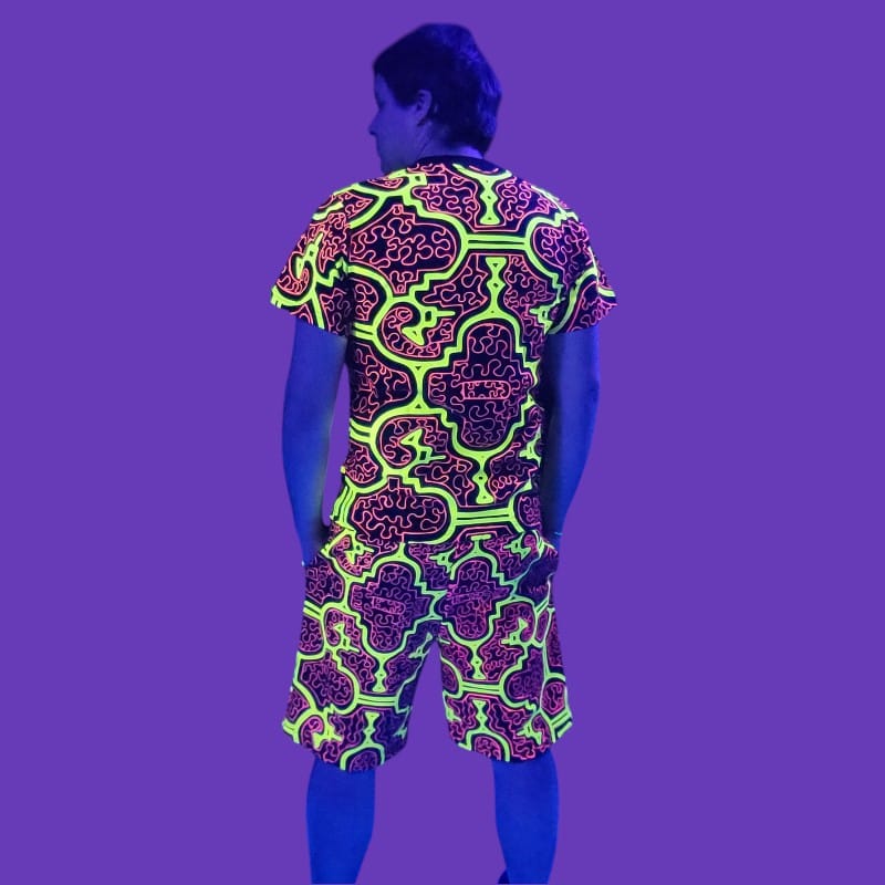 Schwarzlicht Set Tank Top Shorts Shipibo gelb-pink Schwarzlicht Set Tank Top Shorts Shipibo gelb-pink