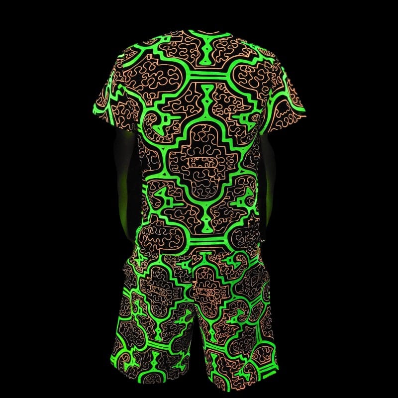 Schwarzlicht Set Tank Top Shorts Shipibo gelb-pink Schwarzlicht Set Tank Top Shorts Shipibo gelb-pink