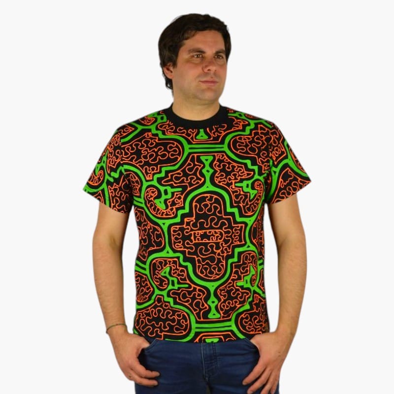 Schwarzlicht T-Shirt Shipibo Grün-Orange