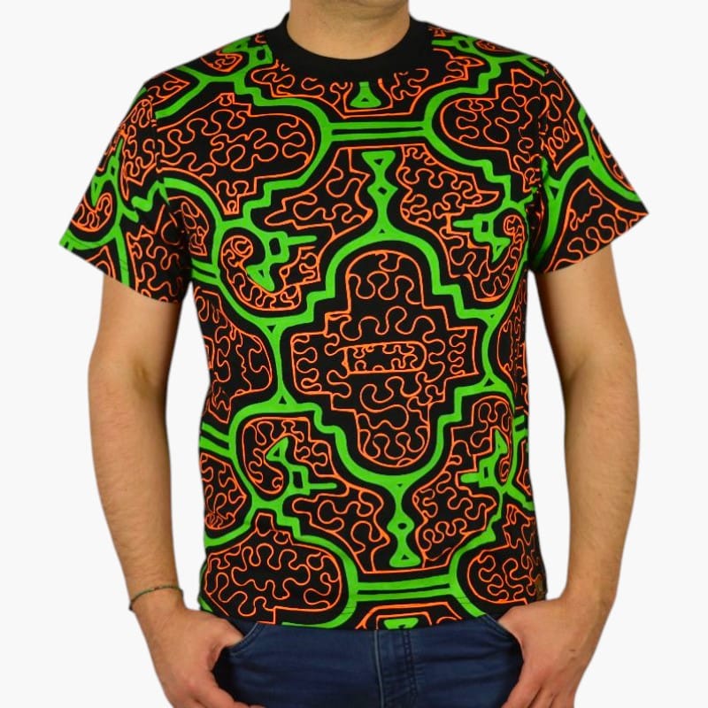 Schwarzlicht T-Shirt Shipibo Grün-Orange