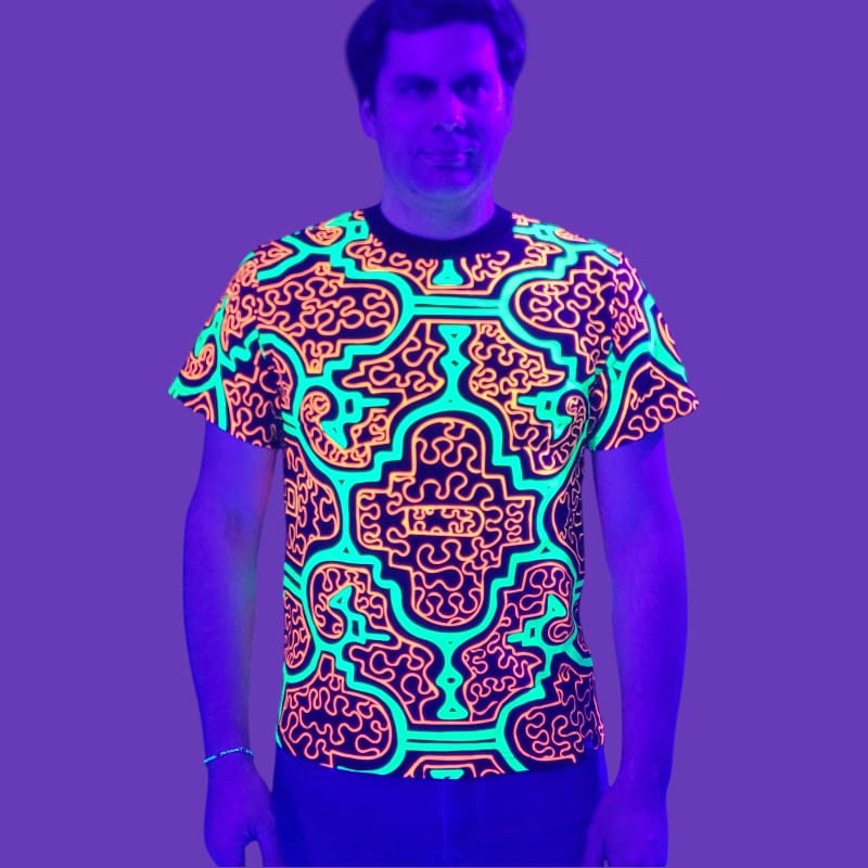 Schwarzlicht T-Shirt Shipibo Grün-Orange