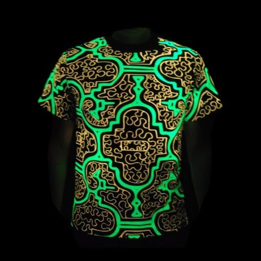 Schwarzlicht T-Shirt Shipibo Grün-Orange