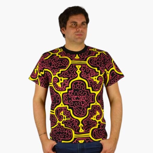 Schwarzlicht T-Shirt Shipibo Gelb-pink