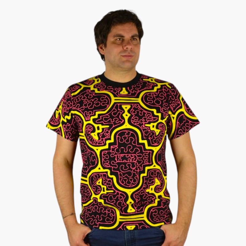 Schwarzlicht T-Shirt Shipibo Gelb-pink