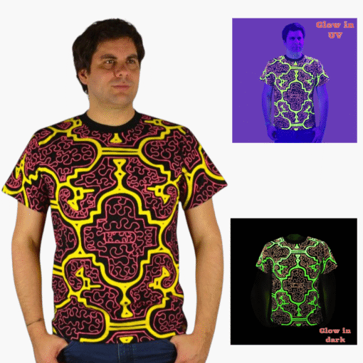 Schwarzlicht T-Shirt Shipibo Gelb-pink
