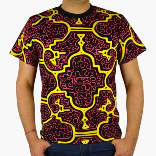 Schwarzlicht T-Shirt Shipibo Gelb-pink