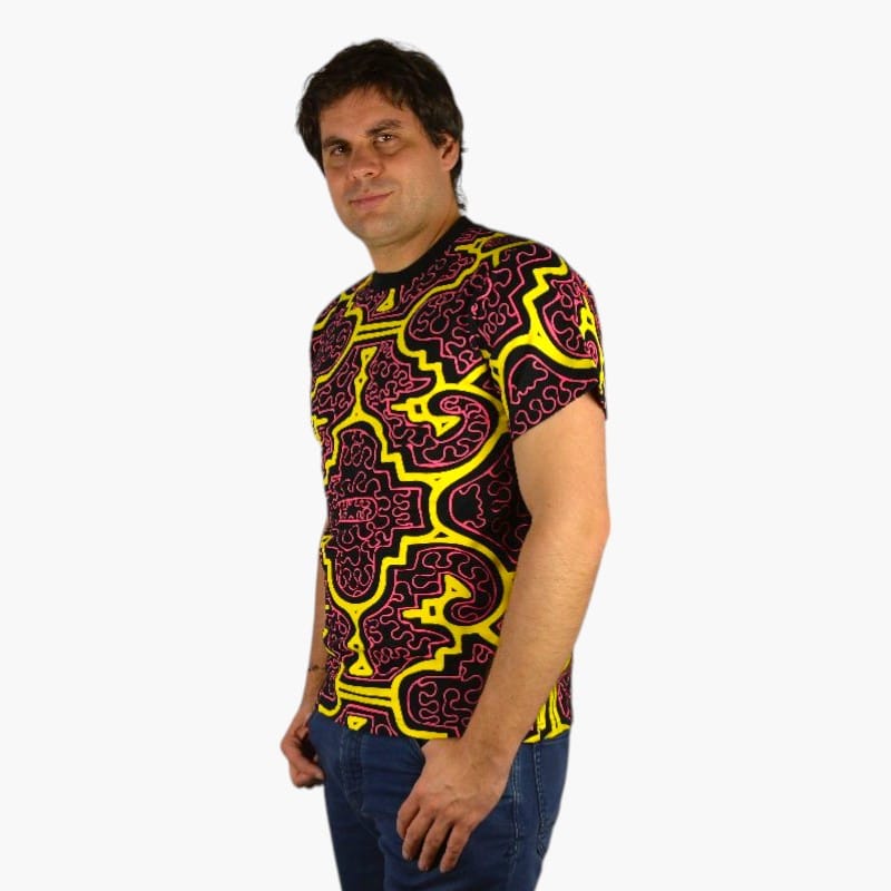 Schwarzlicht T-Shirt Shipibo Gelb-pink