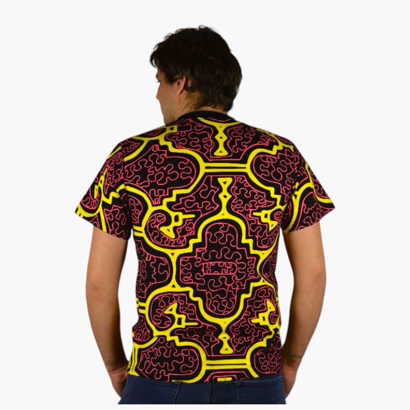 Schwarzlicht T-Shirt Shipibo Gelb-pink