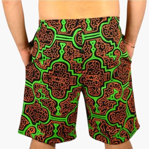 Schwarzlicht Shorts Shipibo Grün-Orange