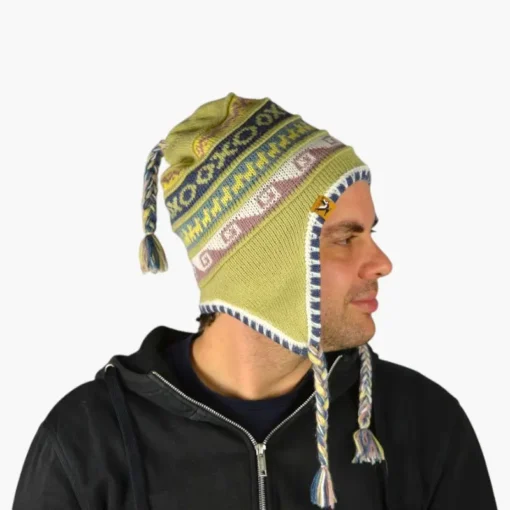 Chullo – Handgestrickte Wollmütze mit Ohrenschutz - Grün Variante 1