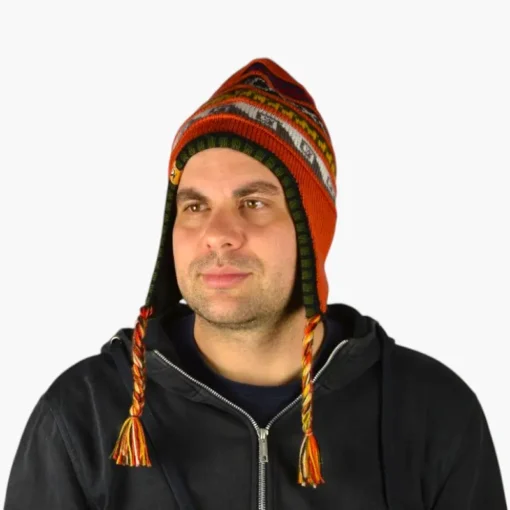 Chullo – Handgestrickte Wollmütze mit Ohrenschutz - Orange Variante 1