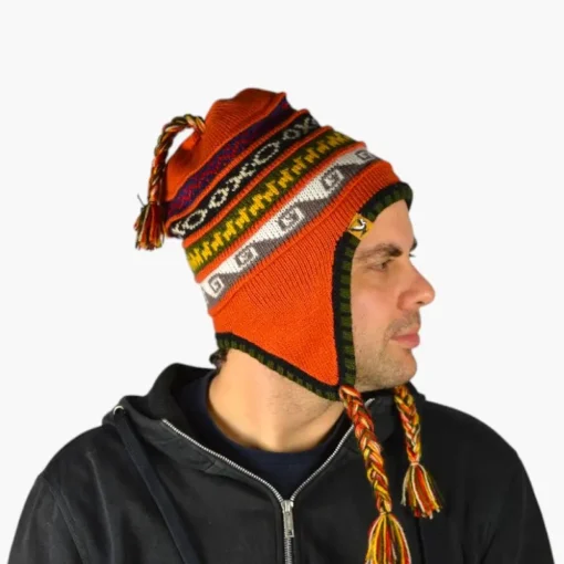 Chullo – Handgestrickte Wollmütze mit Ohrenschutz - Orange Variante 1