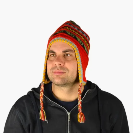 Chullo – Handgestrickte Wollmütze mit Ohrenschutz - Rot Variante 1