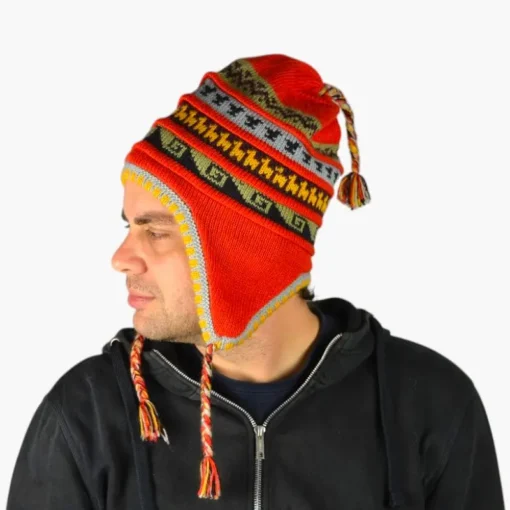 Chullo – Handgestrickte Wollmütze mit Ohrenschutz - Rot Variante 1