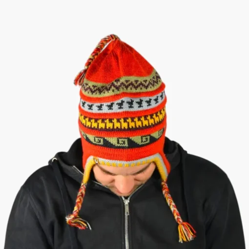Chullo – Handgestrickte Wollmütze mit Ohrenschutz - Rot Variante 1