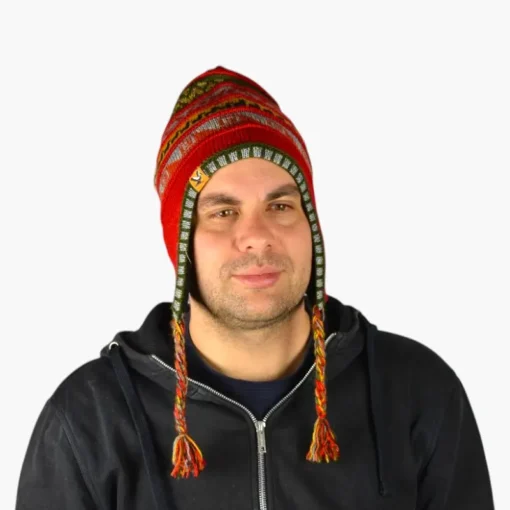Chullo – Handgestrickte Wollmütze mit Ohrenschutz - Rot Variante 2