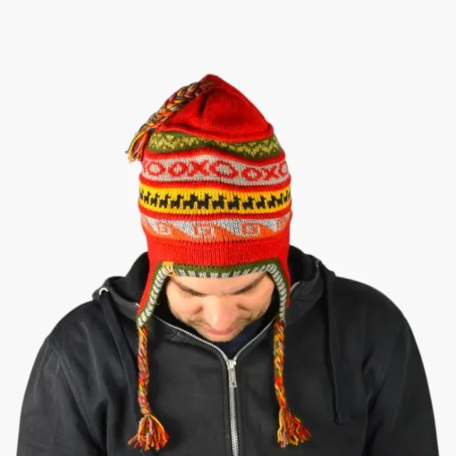 Chullo – Handgestrickte Wollmütze mit Ohrenschutz - Rot Variante 2