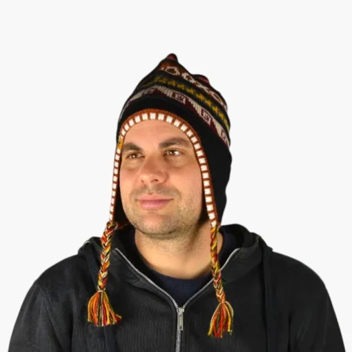 Chullo – Handgestrickte Wollmütze mit Ohrenschutz - Schwarz Variante 2