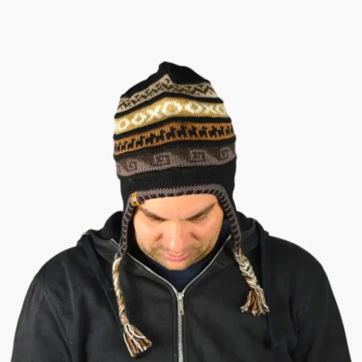Chullo – Handgestrickte Wollmütze mit Ohrenschutz - Schwarz Variante 3