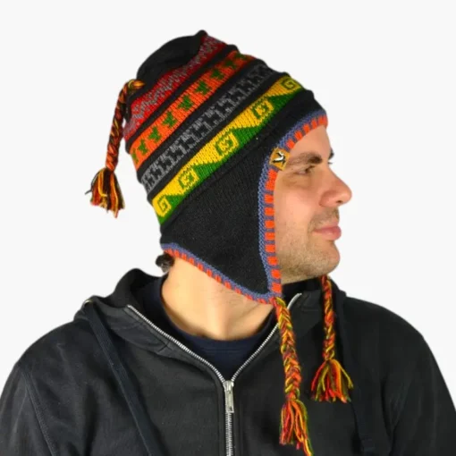 Chullo – Handgestrickte Wollmütze mit Ohrenschutz - Schwarz Variante 5