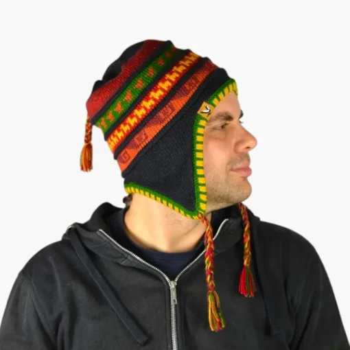 Chullo – Handgestrickte Wollmütze mit Ohrenschutz - Schwarz Variante 6