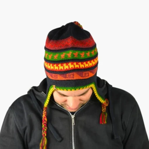 Chullo – Handgestrickte Wollmütze mit Ohrenschutz - Schwarz Variante 6