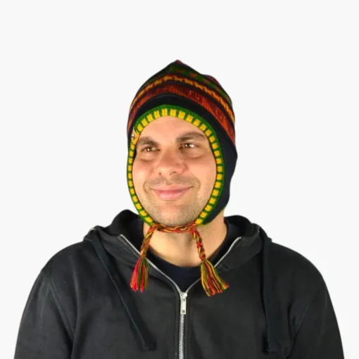 Chullo – Handgestrickte Wollmütze mit Ohrenschutz - Schwarz Variante 6