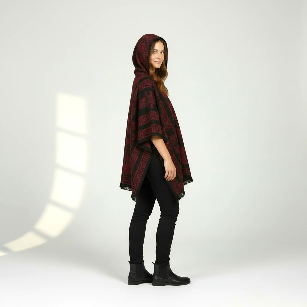 Alpaka Kapuzenponcho Sabia Damen aus 100 % Alpakawolle rot