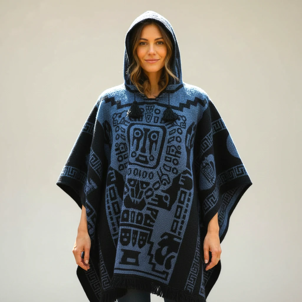 Alpaka Kapuzenponcho Sabia Damen aus 100 % Alpakawolle blau