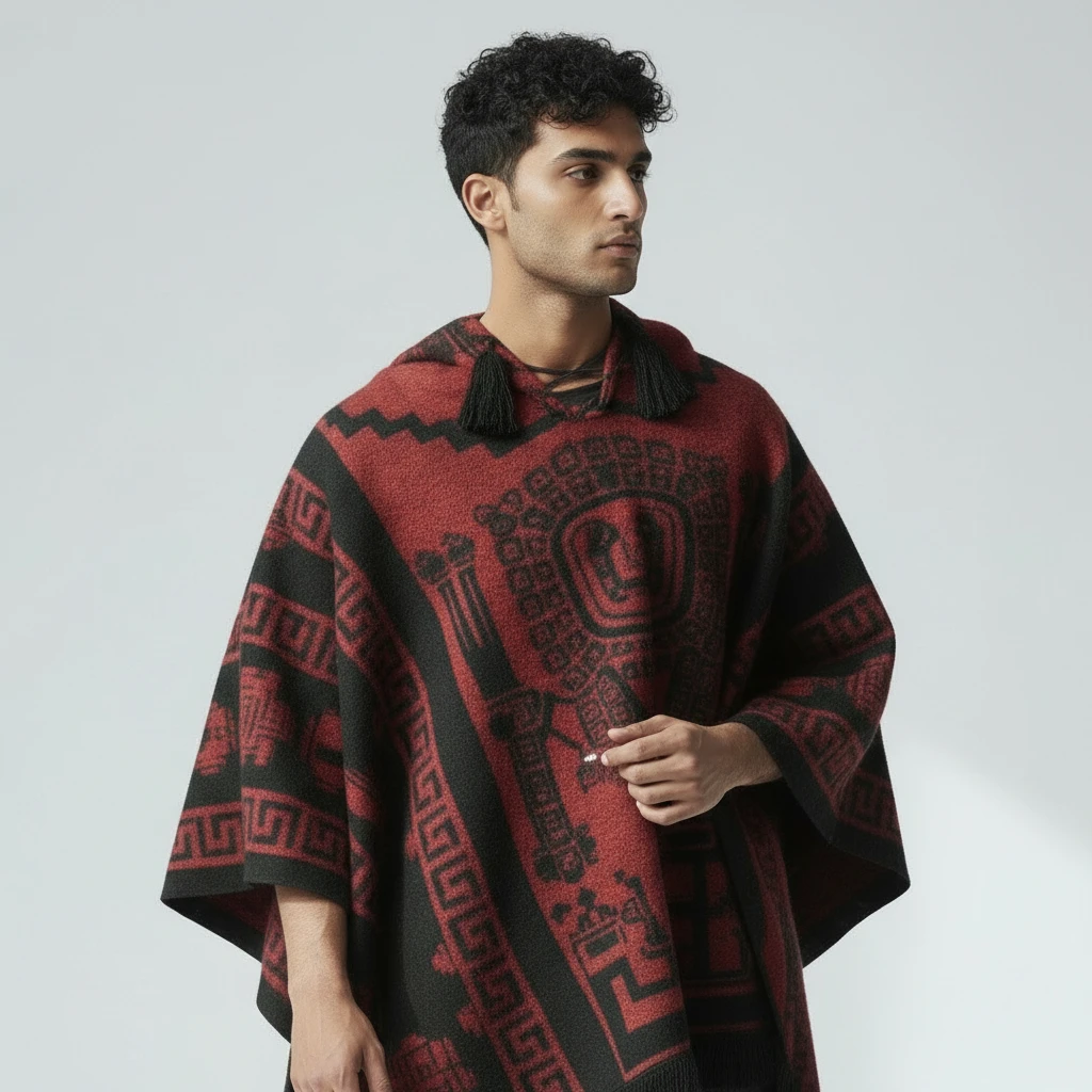 Alpaka Kapuzenponcho Sirus Herren aus 100 % Alpakawolle rot