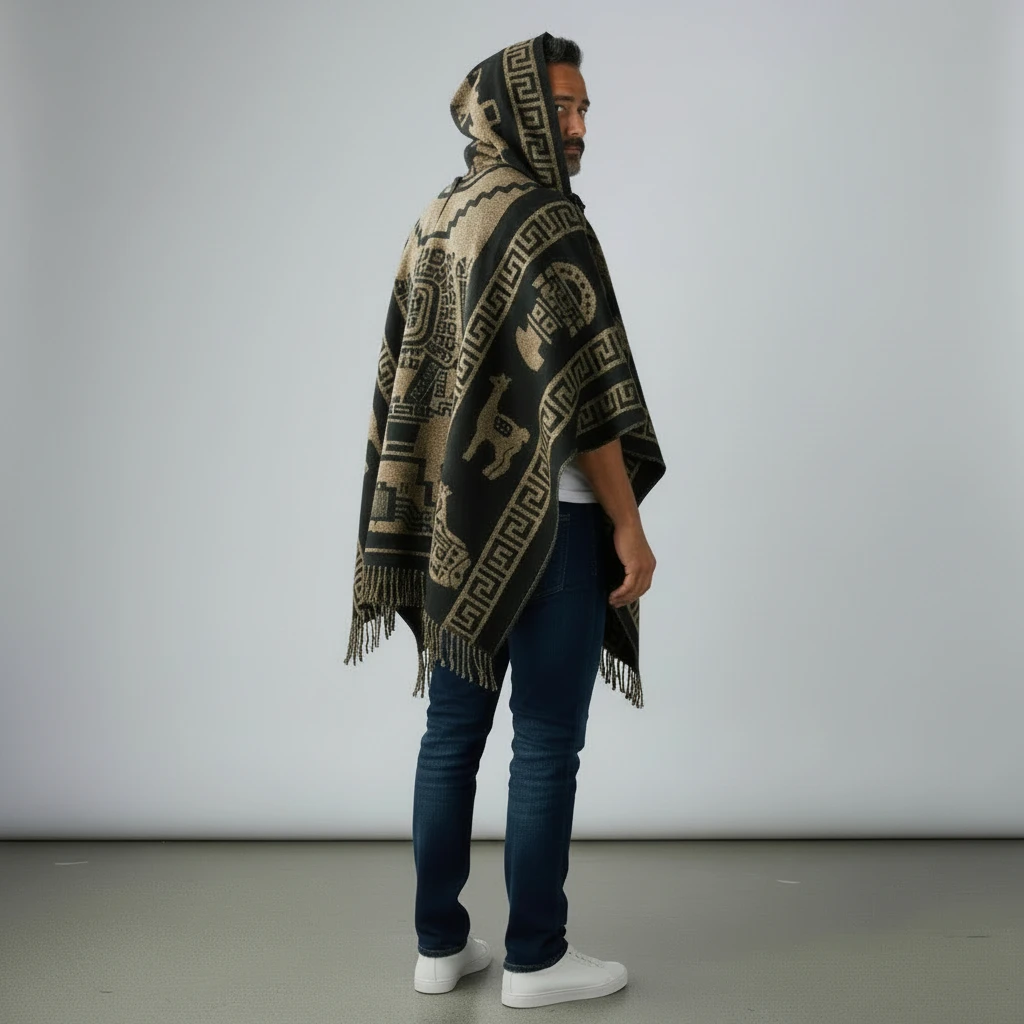 Alpaka Kapuzenponcho Sirus Herren aus 100 % Alpakawolle braun