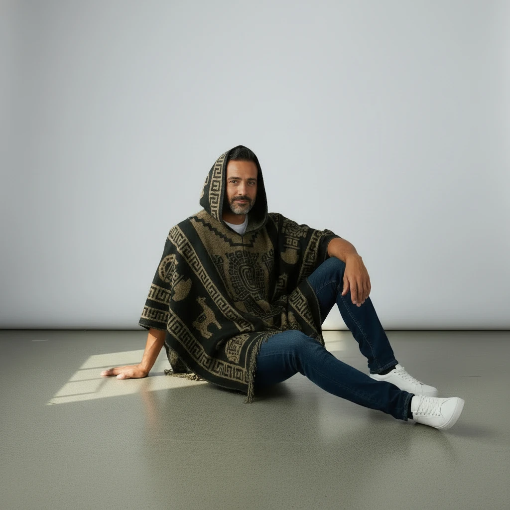 Alpaka Kapuzenponcho Sirus Herren aus 100 % Alpakawolle braun